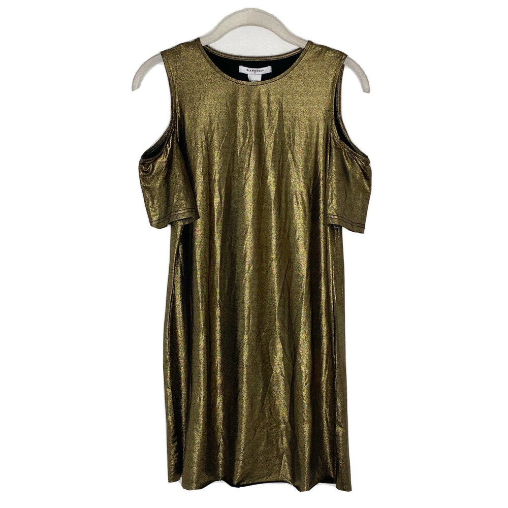 Nasty Gal Glamorous Gold Bronze Cold Shoulder Stretch Mini Dress Size S NWT